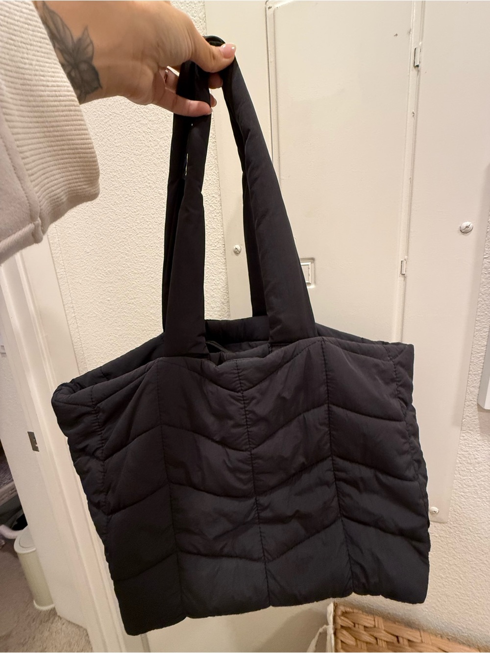 a new day Black Quilted Tote Bag with Padded Straps